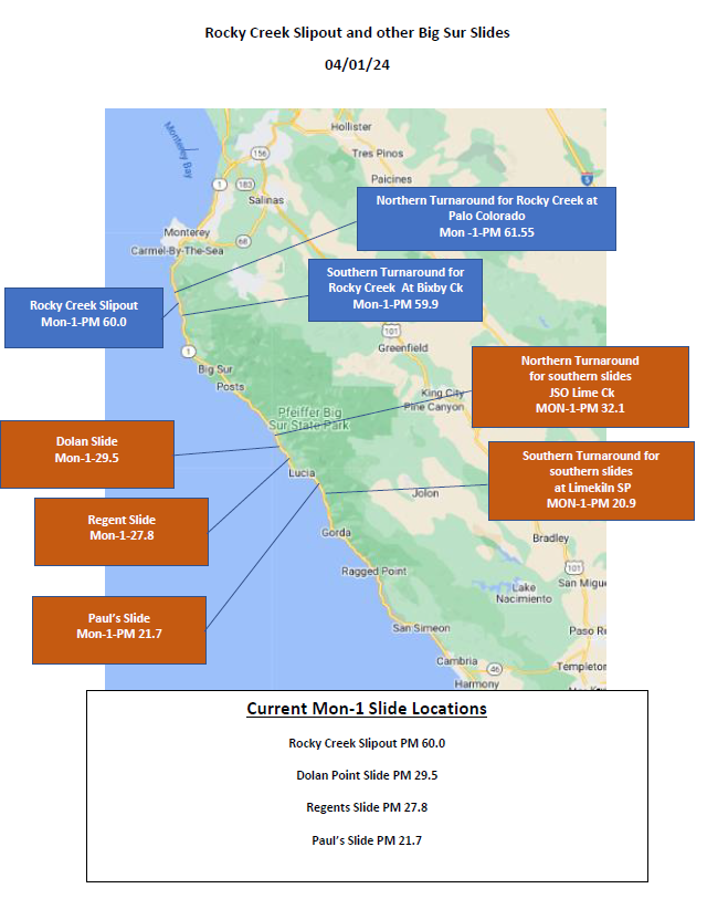 Rocky Creek and Big Sur Slides Location map with markers for the locations